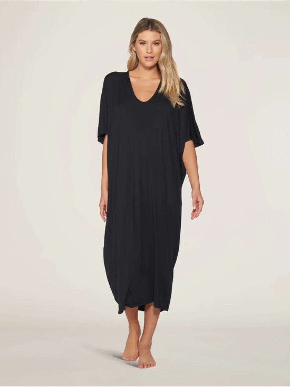 Barefoot Dreams Luxe Milk Jersey Day To Night Caftan Black Dress One Size
